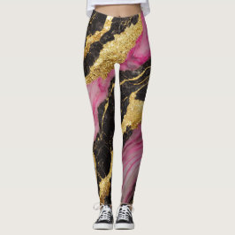 Legging Padrão preto rosa-mármore com Dourado