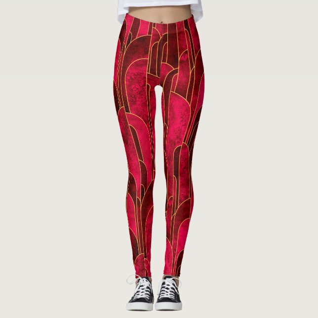 Legging Padrão Real de Arte Vermelha e Dourada (Frente)