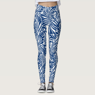 Legging Padrão Repetitivo De Folha Tropical Branca E Azul