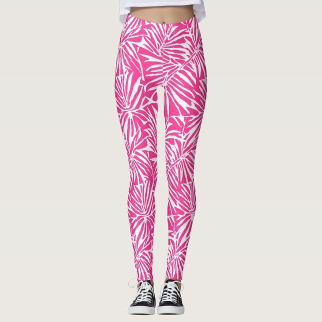Legging Padrão Repetitivo De Folha Tropical Branca E Rosa (Frente)