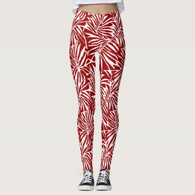 Legging Padrão Repetitivo De Folha Tropical Branca E Verme (Frente)
