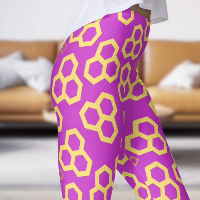 Legging Padrão residencial de mel rosa vibrante (Honey Home on Steel Pink)