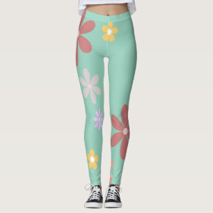 Legging Padrão Retro de Margaridas Multi-Coloridas