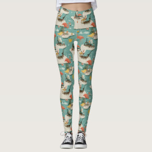 Legging Padrão Retro de Verão de Flamingo à Beira da Pisci