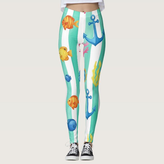 Legging Padrão Retro Náutico de Aquarela (9) (Frente)