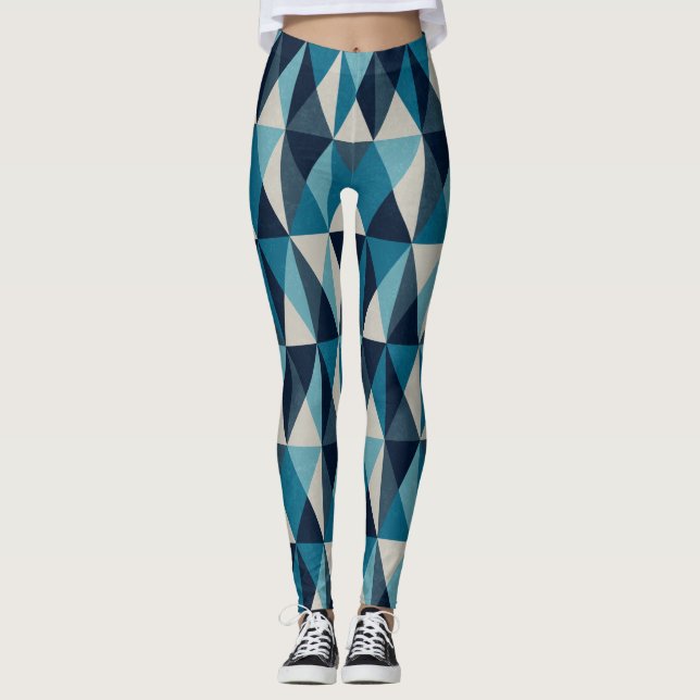 Legging Padrão Rhombic Geométrico Preto Branco Azul (Frente)