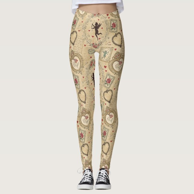 Legging Padrão Romântico do Cupido Vintage (Frente)