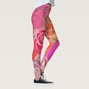 Legging Padrão rosa com flores e plantas