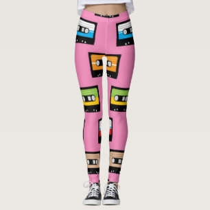 Legging Padrão Rosa de Fitas Cassete Coloridas dos Anos 80