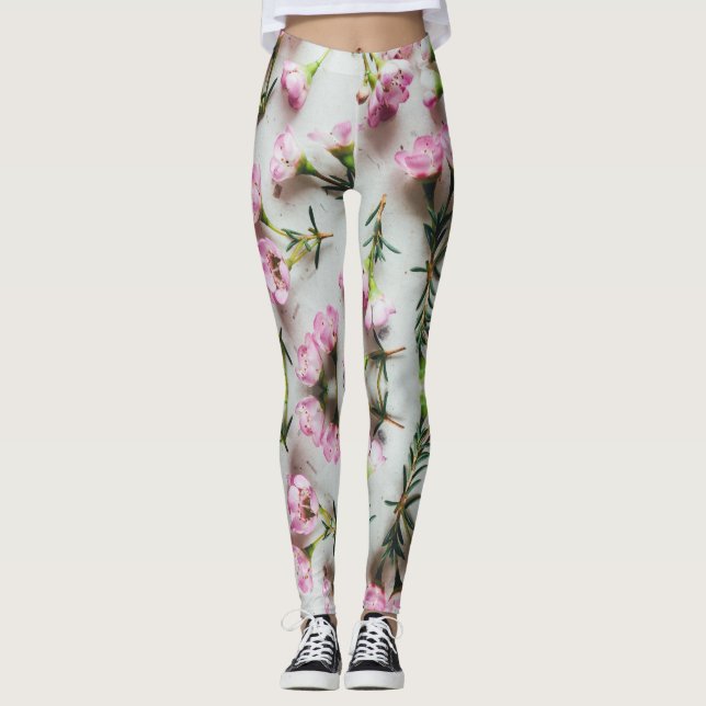 Legging Padrão rosa do Adenium 3D sobre fundo branco (Frente)