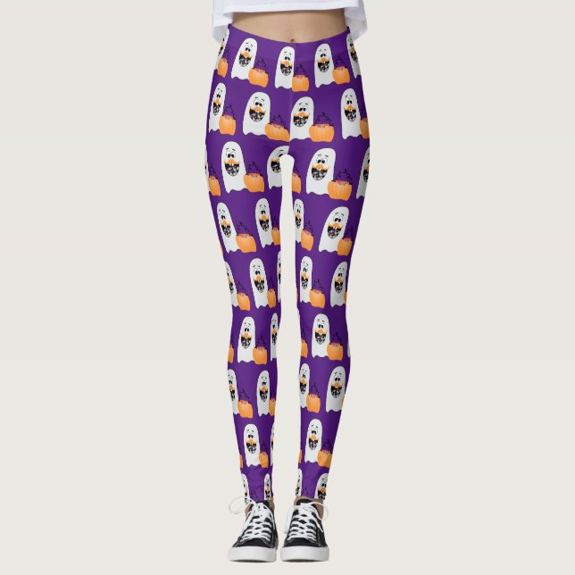 Legging Padrão roxo de abóbora-abóbora do Halloween (Frente)