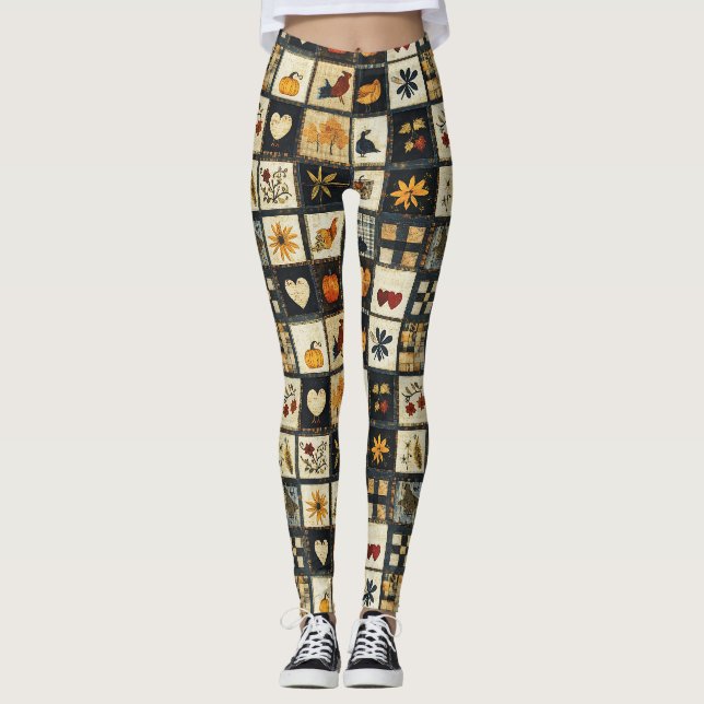 Legging Padrão Rustic Autumn Quilt | Patchwork de fazenda (Frente)