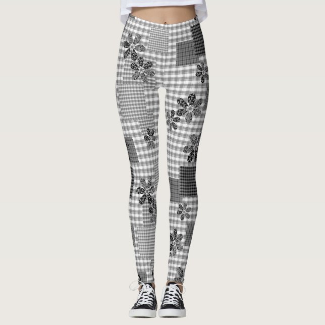 Legging Padrão rústico de retalhos preto e branco retrô (Frente)