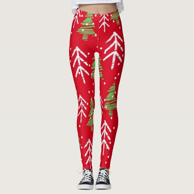Legging Padrão sem costura com árvores de Natal estilizada (Frente)
