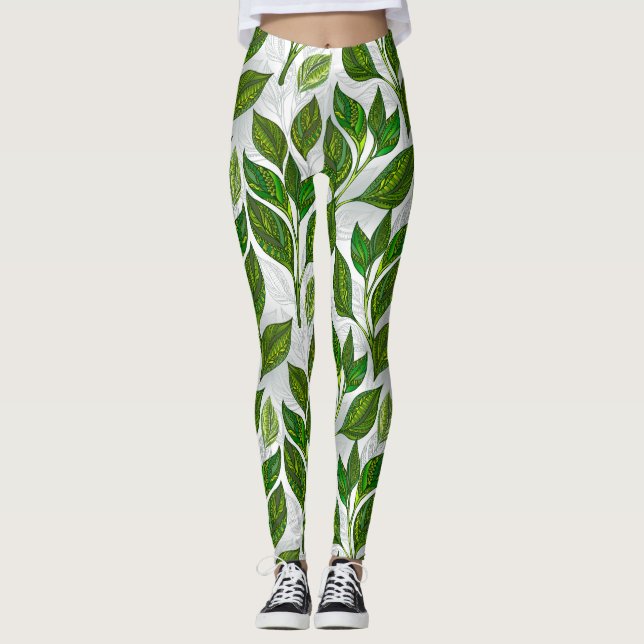 Legging Padrão sem costura com folhas verdes de chá (Frente)