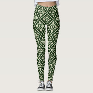 Legging Padrão Sem Costura de Tricô Nórdico Diamante Verde