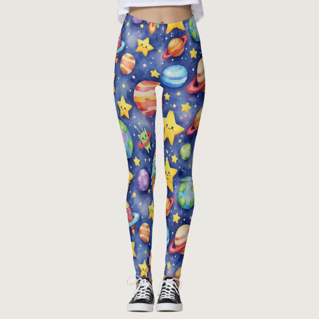 Legging Padrão sem costura de uma galáxia de desenho anima (Frente)