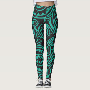 Legging Padrão Tiki Polinésio Preto e Verde