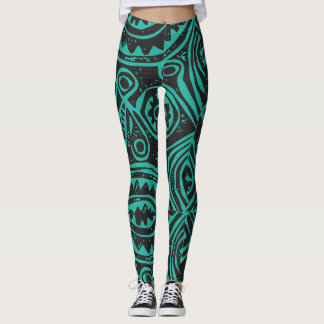 Legging Padrão Tiki Polinésio Preto e Verde