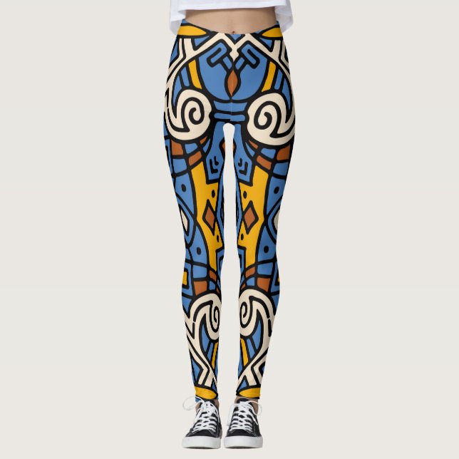 Legging Padrão tribal africano azul e amarelo (Frente)