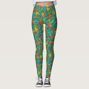 Legging Padrão Tropical com Folhas Vermelhas e Amarelas