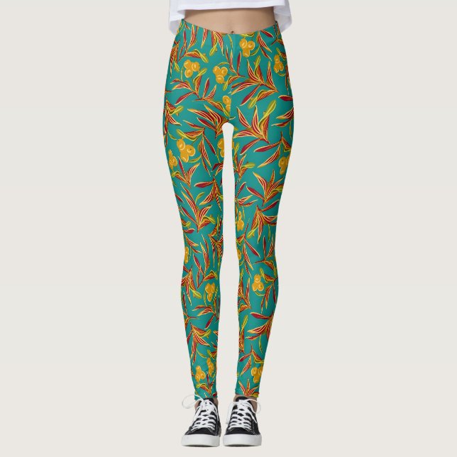 Legging Padrão Tropical com Folhas Vermelhas e Amarelas (Frente)
