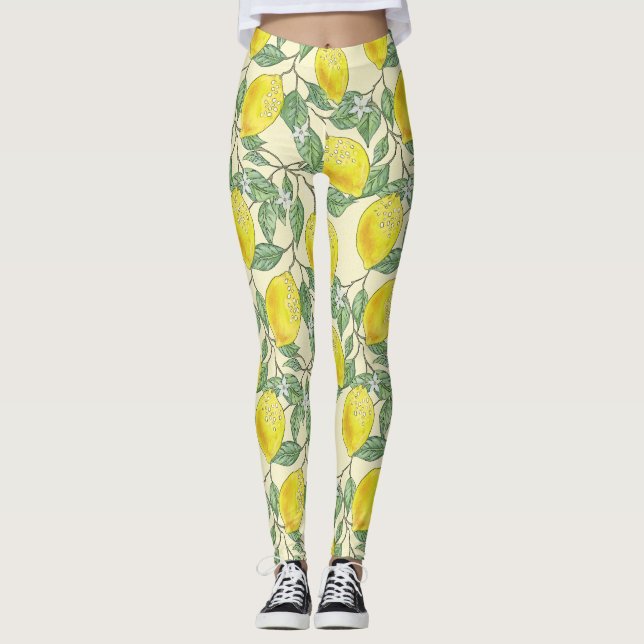 Legging Padrão tropical da árvore de limão com aquarelas V (Frente)
