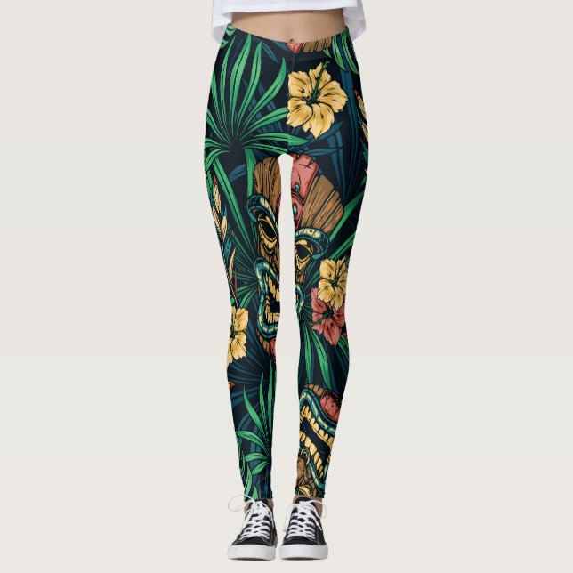 Legging Padrão Tropical de Máscara de Tiki Havaiano (Frente)