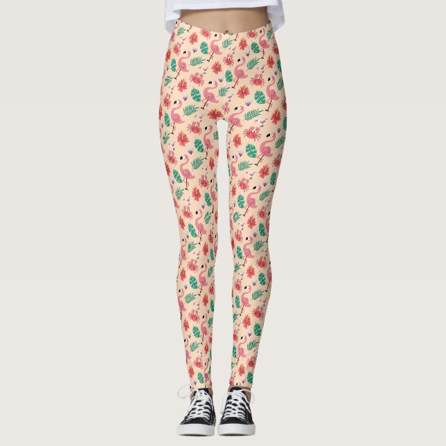 Legging Padrão Tropical de Verão Flamingo Rosa (Frente)