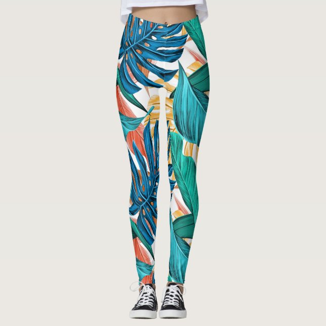 Legging Padrão tropical, folhas de palmeiras, tema floral (Frente)