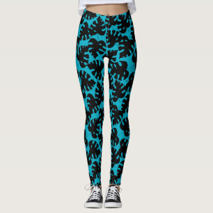 Legging Padrão tropical monstera em preto e azul aqua