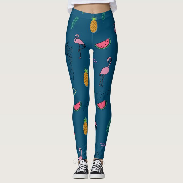 Legging Padrão tropical sem costura com abacaxi Flamingo (Frente)