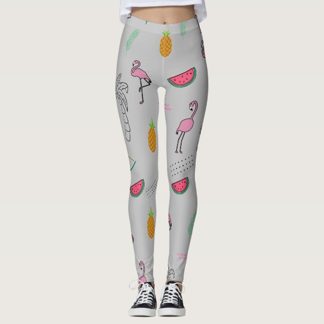 Legging Padrão tropical sem costura com abacaxi Flamingo (Frente)