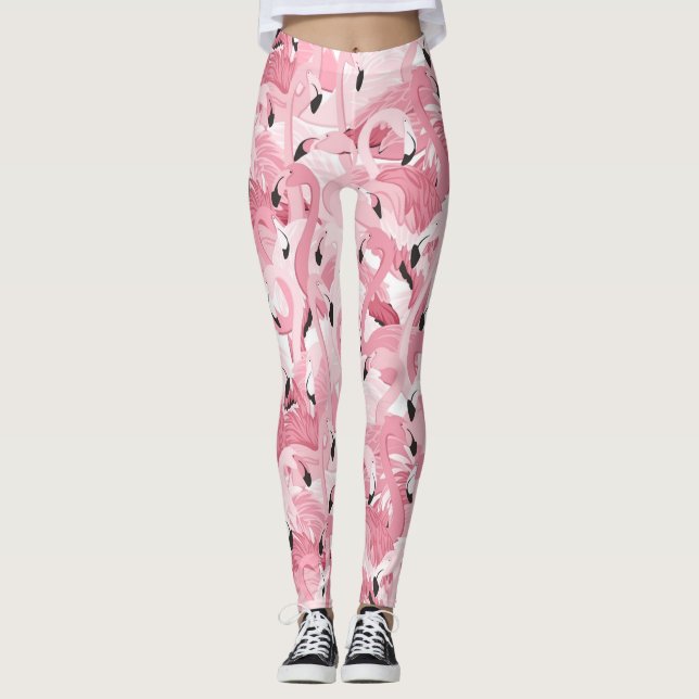 Legging padrão uniforme com flamingos rosados exóticos (Frente)