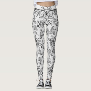 Legging Padrão uniforme floral preto e branco personalizad