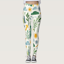 Legging Padrão Verde Amarelo Amarelo Azul Céu Azul Sem Olh