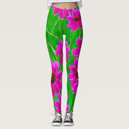 Legging Padrão verde brilhante e flor rosa