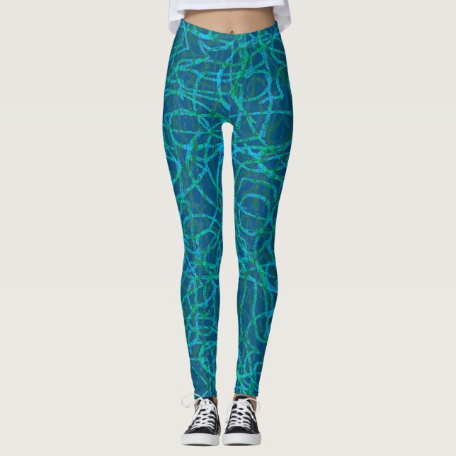 Legging Padrão verde de linhas rabiscadas (Frente)