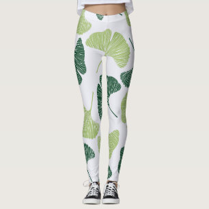 Legging Padrão Verde Ginkgo Biloba Sem Costura
