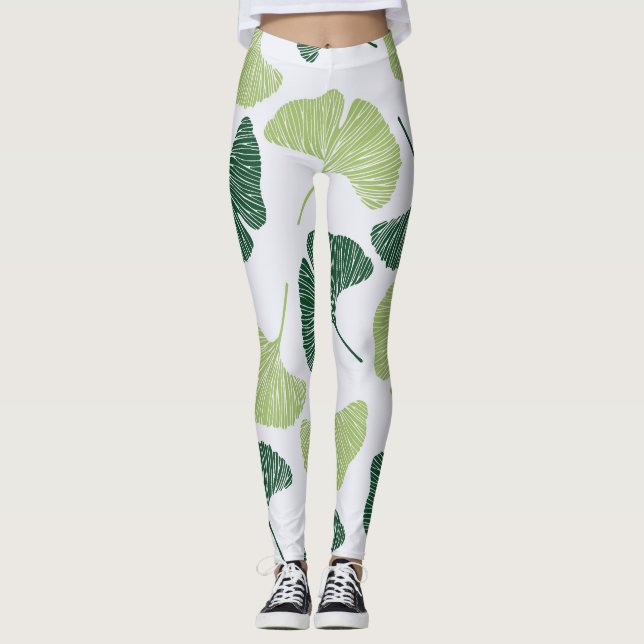 Legging Padrão Verde Ginkgo Biloba Sem Costura (Frente)