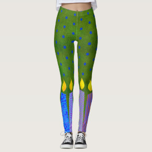 Legging Padrão Verde Hanukkah vela Estrela Azul de David