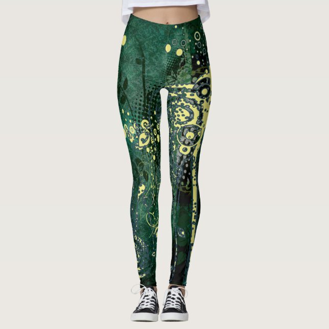 Legging Padrão verde-lacrimogêneo e Abstrato amarelo (Frente)