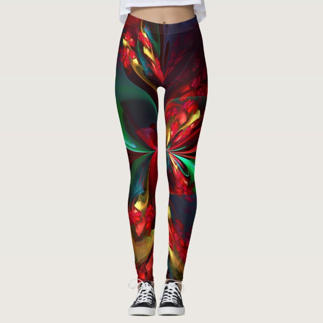 Legging Padrão Verde Vermelho Abstrato Floral Moderno #11 (Frente)