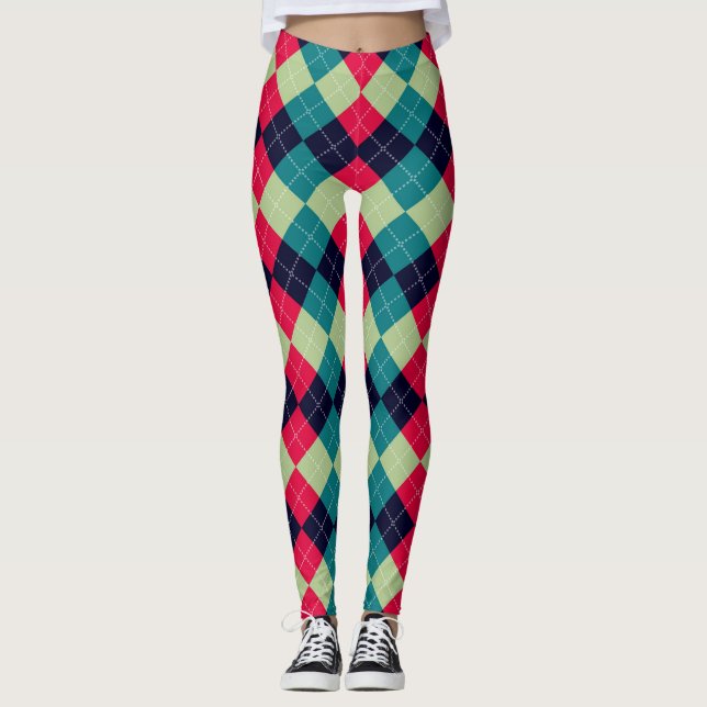 Legging Padrão Verde Vermelho da Xadrez Argyle de Natal (Frente)