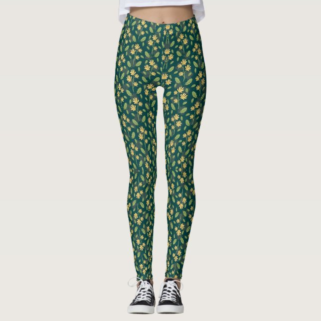 Legging Padrão Verde Vibrante com Flores e Folhas Amarelas (Frente)