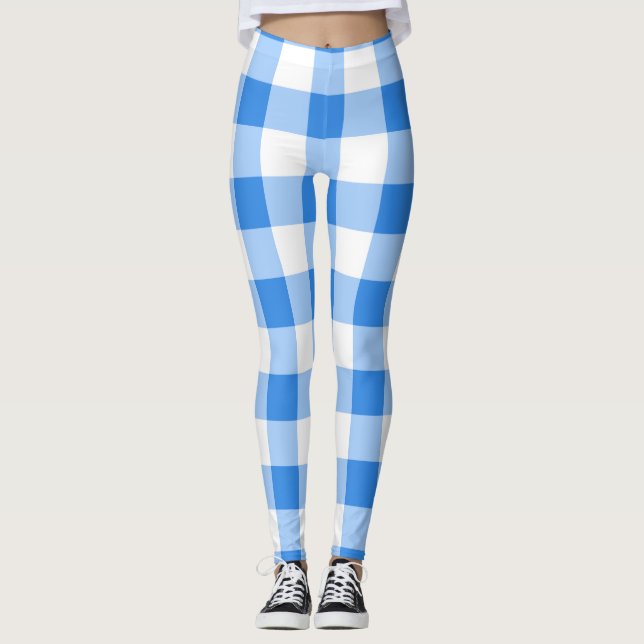 Legging Padrão Verificado de Gingham Azul e Branco (Frente)