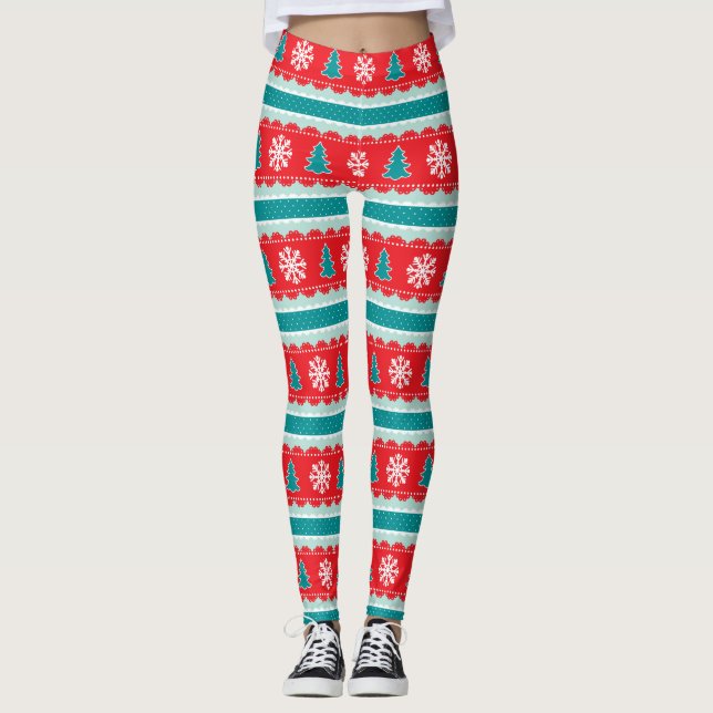 Legging Padrão Vermelho de Teal de Natal Strike (Frente)