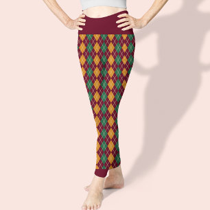 Legging Padrão Vermelho Verde Argyle Elegante Bonito