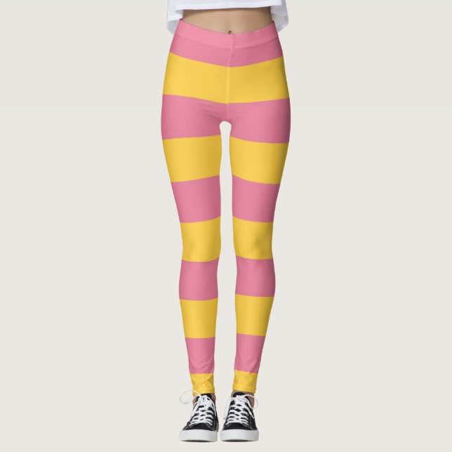 Legging Padrão Vertical Vertical, Rosa Vibrante e Amarelo  (Frente)