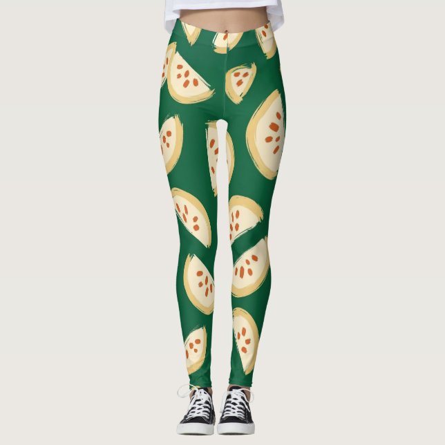 Legging padrão vibrante de fruta goiaba verde (Frente)